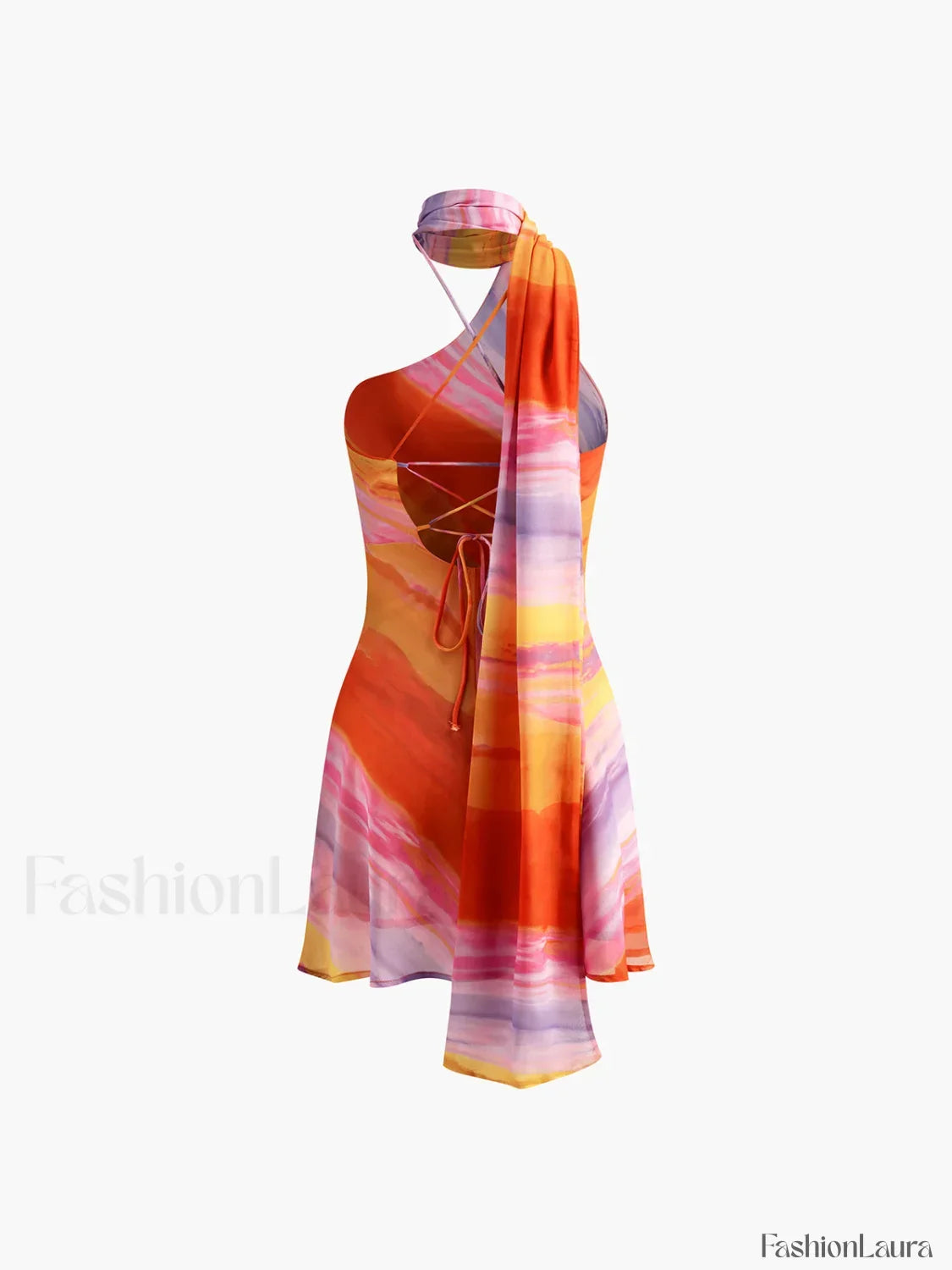 Multicolor Semi-sheer Halter Backless Tie Dye Short Dress