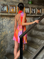 Multicolor Semi-sheer Halter Backless Tie Dye Short Dress