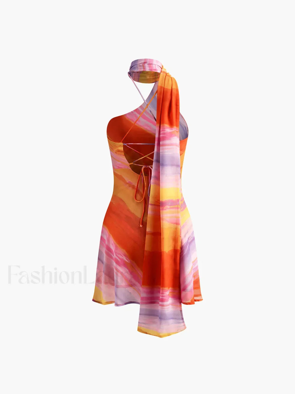 Multicolor Semi-sheer Halter Backless Tie Dye Short Dress