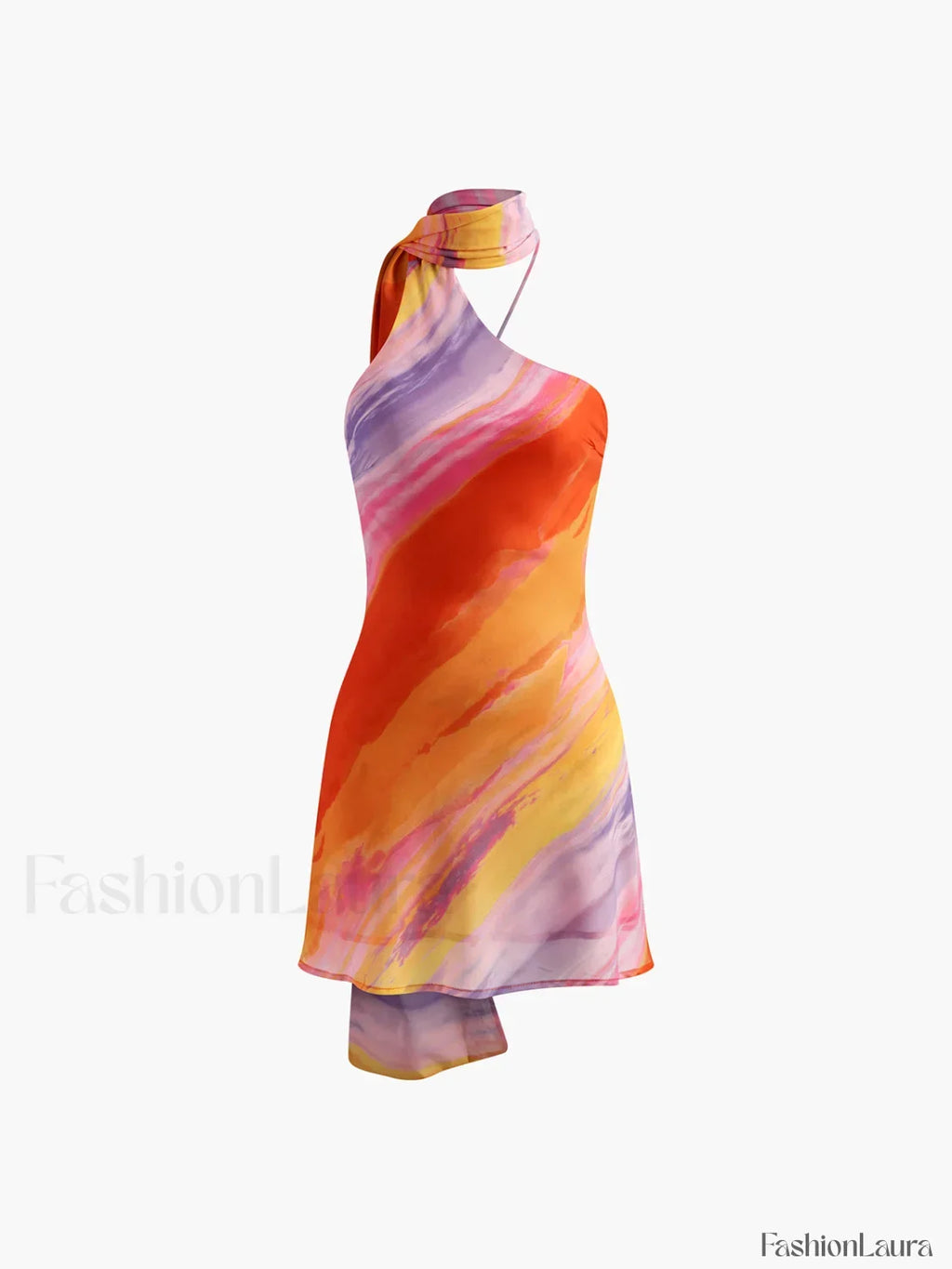 Multicolor Semi-sheer Halter Backless Tie Dye Short Dress