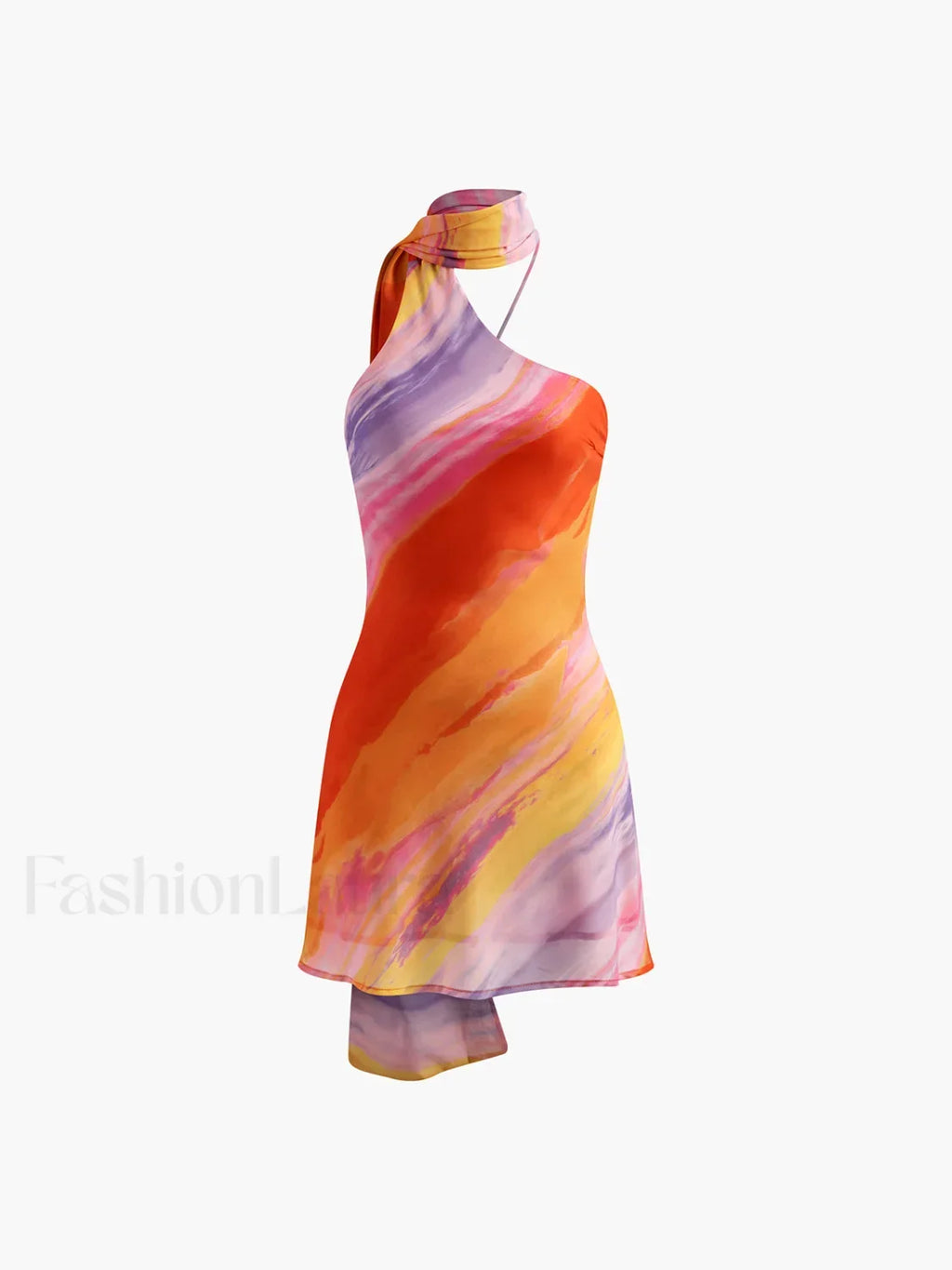 Multicolor Semi-sheer Halter Backless Tie Dye Short Dress