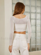 Semi-Sheer Off-Shoulder Mesh Crop T-Shirt