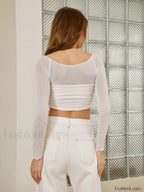 Semi-Sheer Off-Shoulder Mesh Crop T-Shirt