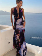 Black Semi-sheer Print Backless Halter Dress