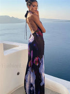 Black Semi-sheer Print Backless Halter Dress
