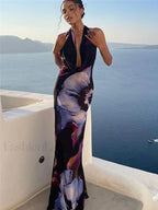 Black Semi-sheer Print Backless Halter Dress
