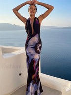 Black Semi-sheer Print Backless Halter Dress