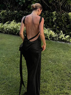 Semi-sheer Satin Asymmetrical One Shoulder Long Dress