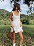 Semi-Sheer Solid Square Neckline Short Dress