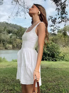 Semi-Sheer Solid Square Neckline Short Dress