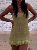 Green Sequin Tassel Hem Mini Dress