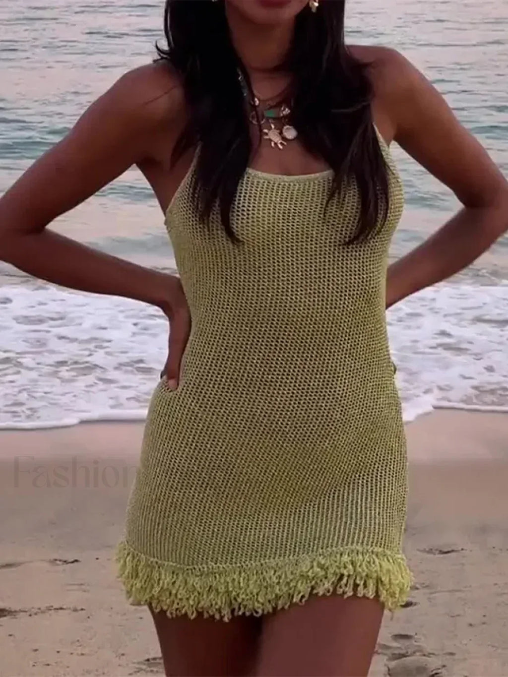 Green Sequin Tassel Hem Mini Dress