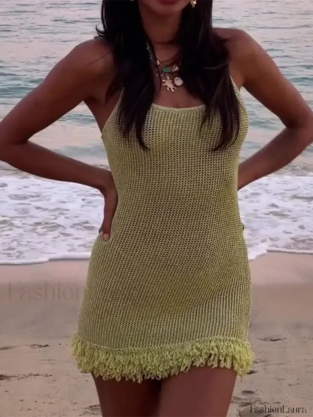 Green Sequin Tassel Hem Mini Dress