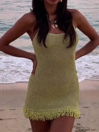 Green Sequin Tassel Hem Mini Dress