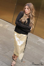 Sequin Tie Color Block Midi Skirt