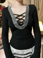 Sequin V-neck Knit Top