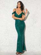 Sequined Deep V Maxi Party Dress