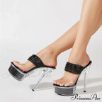 Sequined Thick Bottom Transparent High Heels Slippers - Woman Banquet Dress Shoes