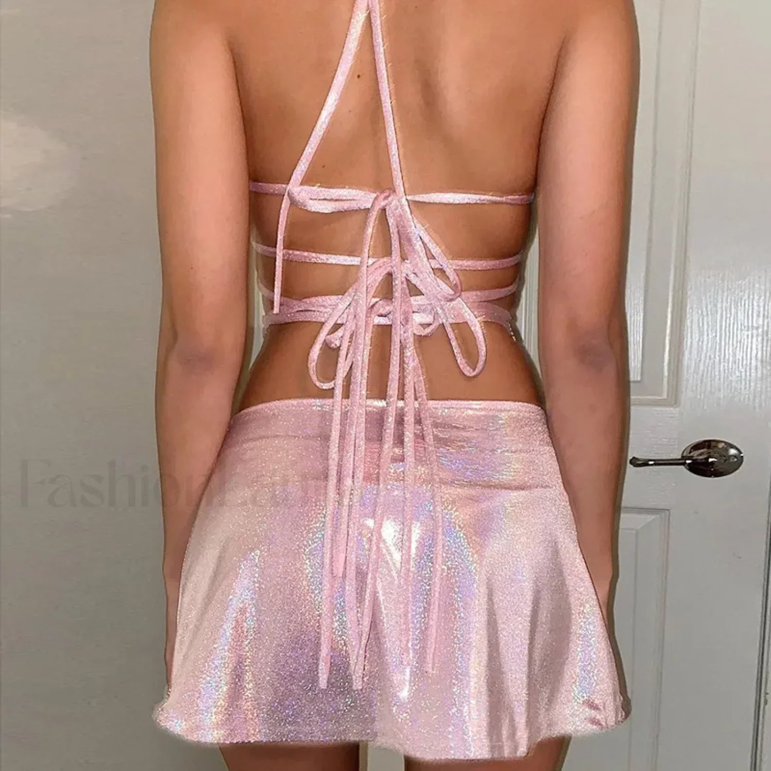 Pink Sequin Halter Backless Mini Dress