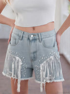 Sequins Tassel Ripped Denim Short