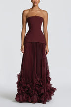 Serafina Strapless Back Lace-up Handcrafted Floral Appliqués Pleated Hem Gown Maxi Dress