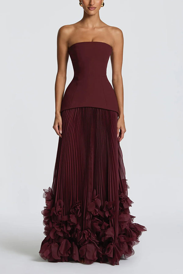 Serafina Strapless Back Lace-up Handcrafted Floral Appliqués Pleated Hem Gown Maxi Dress