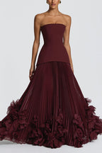 Serafina Strapless Back Lace-up Handcrafted Floral Appliqués Pleated Hem Gown Maxi Dress