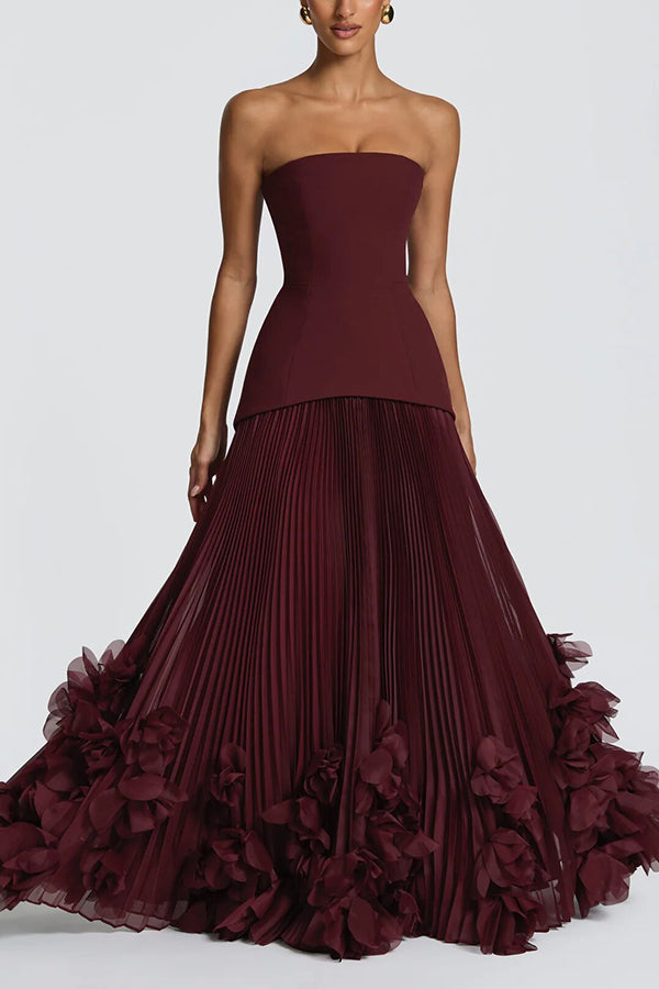 Serafina Strapless Back Lace-up Handcrafted Floral Appliqués Pleated Hem Gown Maxi Dress