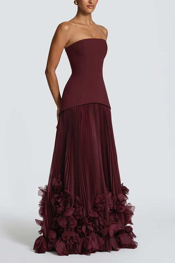 Serafina Strapless Back Lace-up Handcrafted Floral Appliqués Pleated Hem Gown Maxi Dress