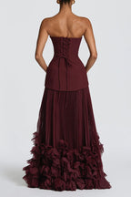 Serafina Strapless Back Lace-up Handcrafted Floral Appliqués Pleated Hem Gown Maxi Dress