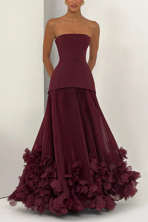 Serafina Strapless Back Lace-up Handcrafted Floral Appliqués Pleated Hem Gown Maxi Dress
