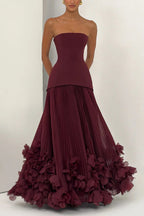Serafina Strapless Back Lace-up Handcrafted Floral Appliqués Pleated Hem Gown Maxi Dress