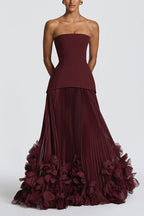 Serafina Strapless Back Lace-up Handcrafted Floral Appliqués Pleated Hem Gown Maxi Dress