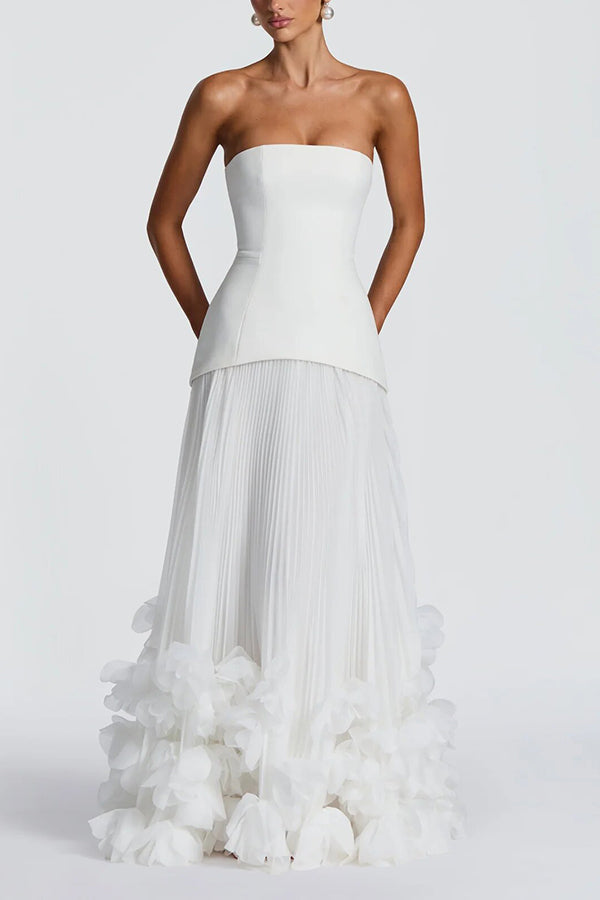 Serafina Strapless Back Lace-up Handcrafted Floral Appliqués Pleated Hem Gown Maxi Dress