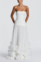 Serafina Strapless Back Lace-up Handcrafted Floral Appliqués Pleated Hem Gown Maxi Dress