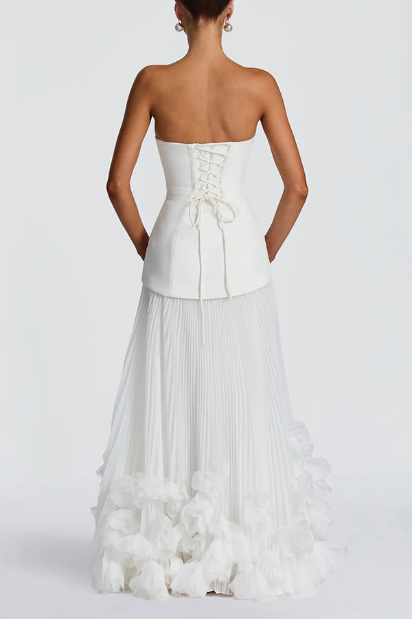 Serafina Strapless Back Lace-up Handcrafted Floral Appliqués Pleated Hem Gown Maxi Dress