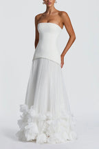 Serafina Strapless Back Lace-up Handcrafted Floral Appliqués Pleated Hem Gown Maxi Dress