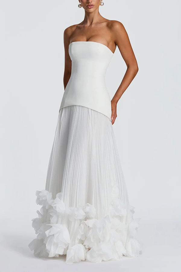 Serafina Strapless Back Lace-up Handcrafted Floral Appliqués Pleated Hem Gown Maxi Dress