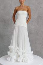 Serafina Strapless Back Lace-up Handcrafted Floral Appliqués Pleated Hem Gown Maxi Dress