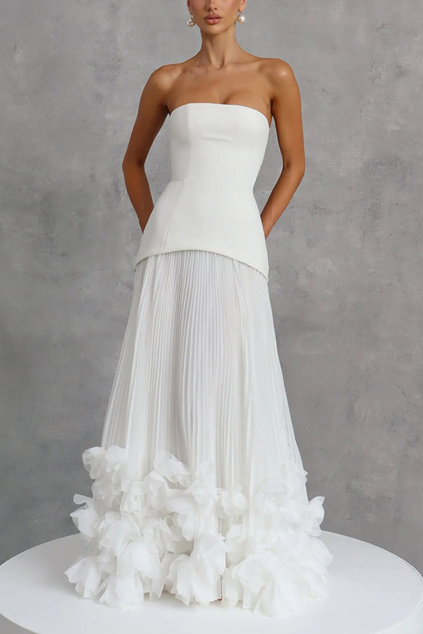 Serafina Strapless Back Lace-up Handcrafted Floral Appliqués Pleated Hem Gown Maxi Dress