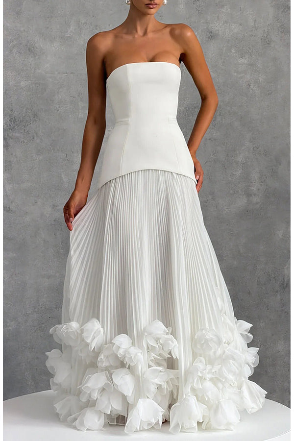 Serafina Strapless Back Lace-up Handcrafted Floral Appliqués Pleated Hem Gown Maxi Dress