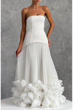 Serafina Strapless Back Lace-up Handcrafted Floral Appliqués Pleated Hem Gown Maxi Dress