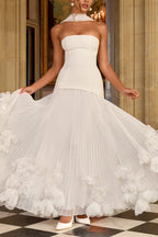 Serafina Strapless Back Lace-up Handcrafted Floral Appliqués Pleated Hem Gown Maxi Dress
