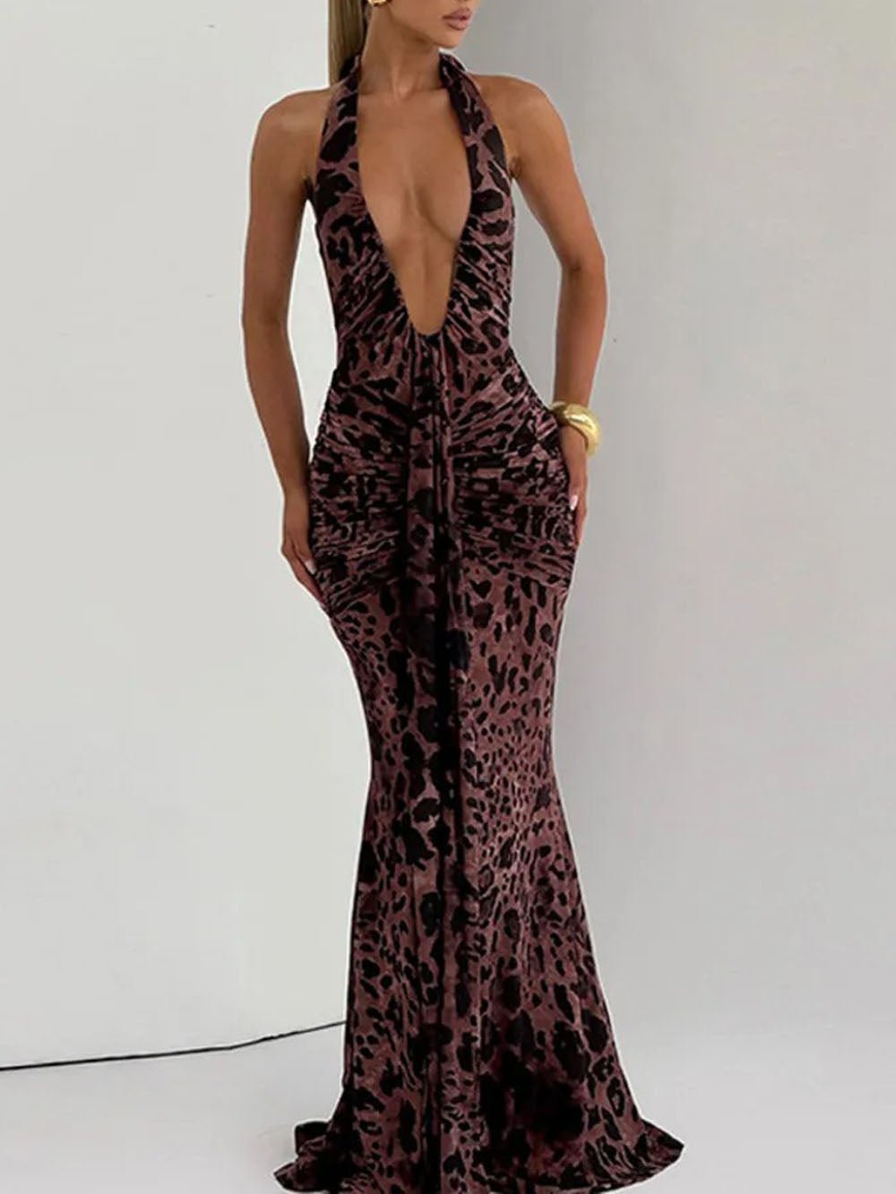 Serena Leopard Halter Maxi Dress