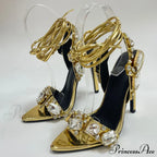 Sexy Ankle Strap Gold Sandals Women Party Nightclub Stripper Heels Crystal Diamond Pointed Toe Wedding Shoe