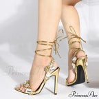 Sexy Ankle Strap Gold Sandals Women Party Nightclub Stripper Heels Crystal Diamond Pointed Toe Wedding Shoe