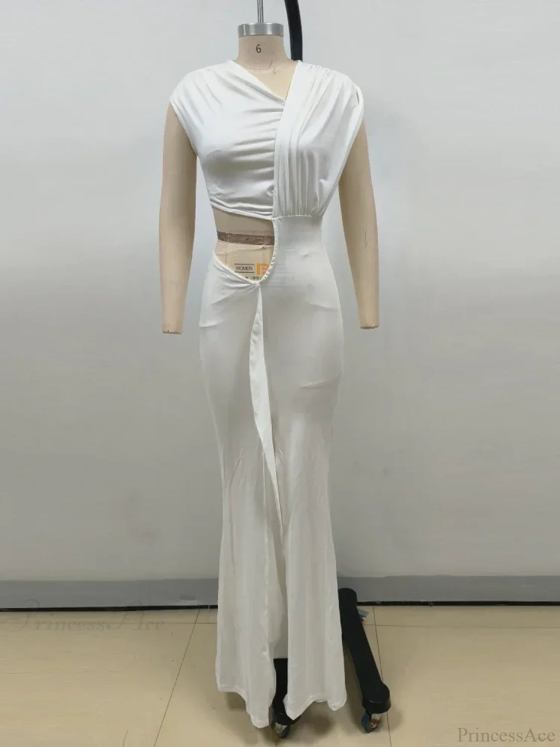 Sexy Asymmetrical Neck Hollow Out White Sleeveless Split Ruched Christmas Party Dress