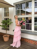 Pink Backless Layered Ruffles Floral Dress