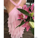 Pink Backless Layered Ruffles Floral Dress