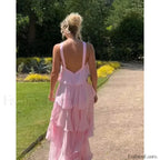 Pink Backless Layered Ruffles Floral Dress